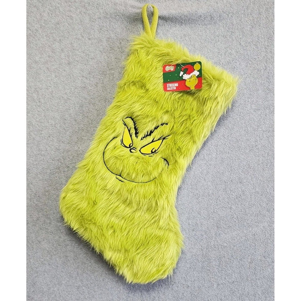 The Grinch‎ Green Fuzzy Stocking Christmas Decor Dr. Seuss 20" Faux Fur Face NEW